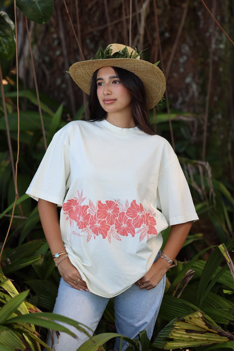 Hibiscus Oversized Tee - Ecru/Pink