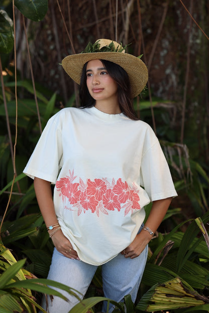 Hibiscus Oversized Tee - Ecru/Pink