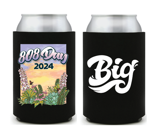 808 Day 2023 black can coozie with full-color collapsible foam, showcasing bold island-inspired design and Big Island Grown branding.