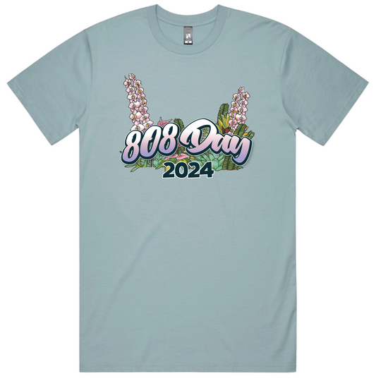 808 Day 2024 lineup t-shirt featuring a relaxed fit, crew neck, and bold island-inspired design with Big Island Grown. Including artists Three Plus, Small Axe, Kanakamon, Kapu System, Big Island Mixed Plate Band with Ikaakamai, Kuulei Music, Damon Williams, Drew Daniels, Stephen and Pohai Henderson, Kamuflauge, Kanaka Fyah and Dj Hapa Boy.